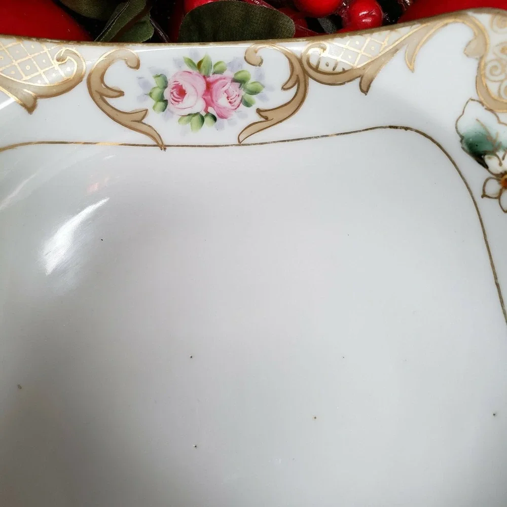 Gold Trimmed Nippon Porcelain Candy Bowl Plate ‎ Hand Painted Vintage